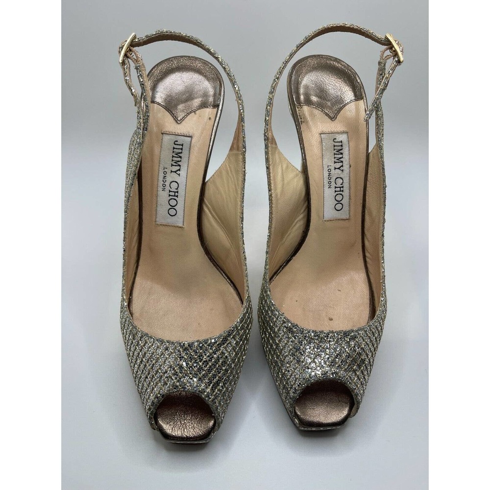 Jimmy Choo 36.5 / 6.5 Heels Peeptoe Nova Glitter Champagne Pumps Slingback + BOX - Picture 12 of 15